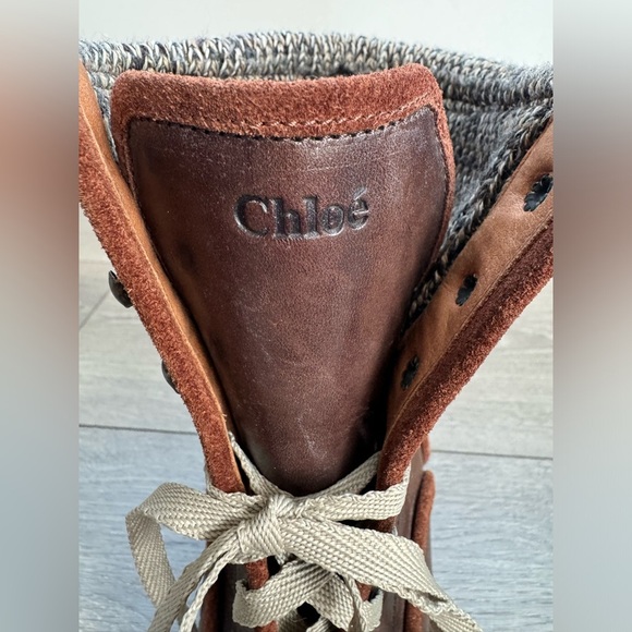 Authentic Chloé Brown Leather and Knit Fabric Wedge Ankle Boots - Picture 7 of 9